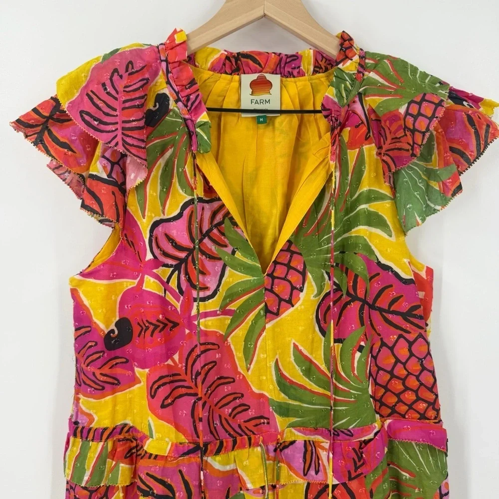 Farm Rio Dream Garden Ruffle Mini Dress Multicolor Size M Tropical Beach Vacay - Picture 3 of 8